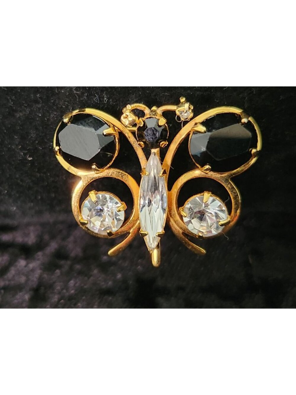 Vintage Gold Tone Black Onyx Glass Rhinestone Butterfly Brooch Pin